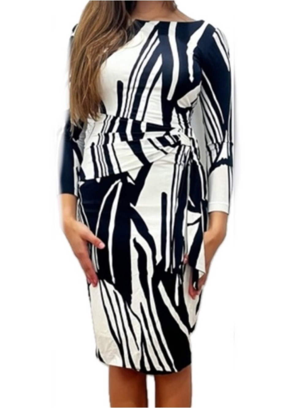 CACHÉ  Black & White Abstract Print Long Sleeve Sheath Dress